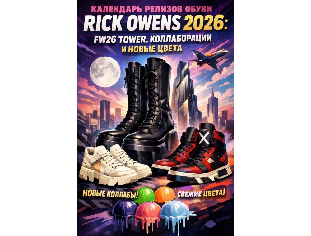 Календарь релизов обуви Rick Owens 2026: FW26 Tower, коллаборации и новые цвета